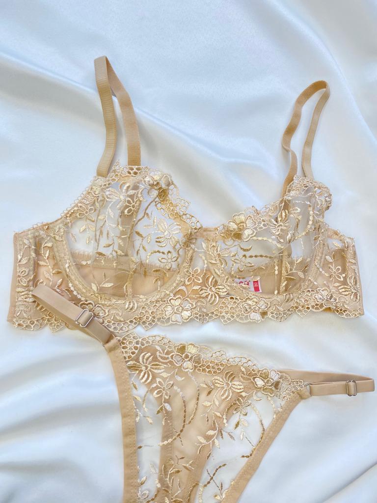 Krem Dantelli Bralet Tanga Takım