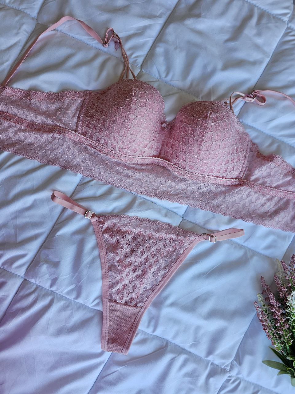 Pembe Lotus Bralet Takımı Bralet Tanga Set Kadın İç Giyim Seksi İç Çamaşır Takımı Sütyen Külot Set