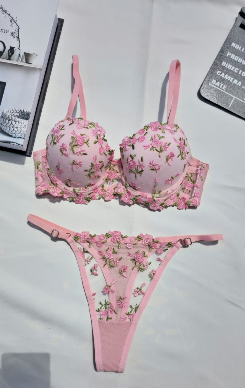Pembe Çiçekli Destekli Sütyen Takımı Pembe İç Çamaşır Çiçekli Sütyen Tanga Set
