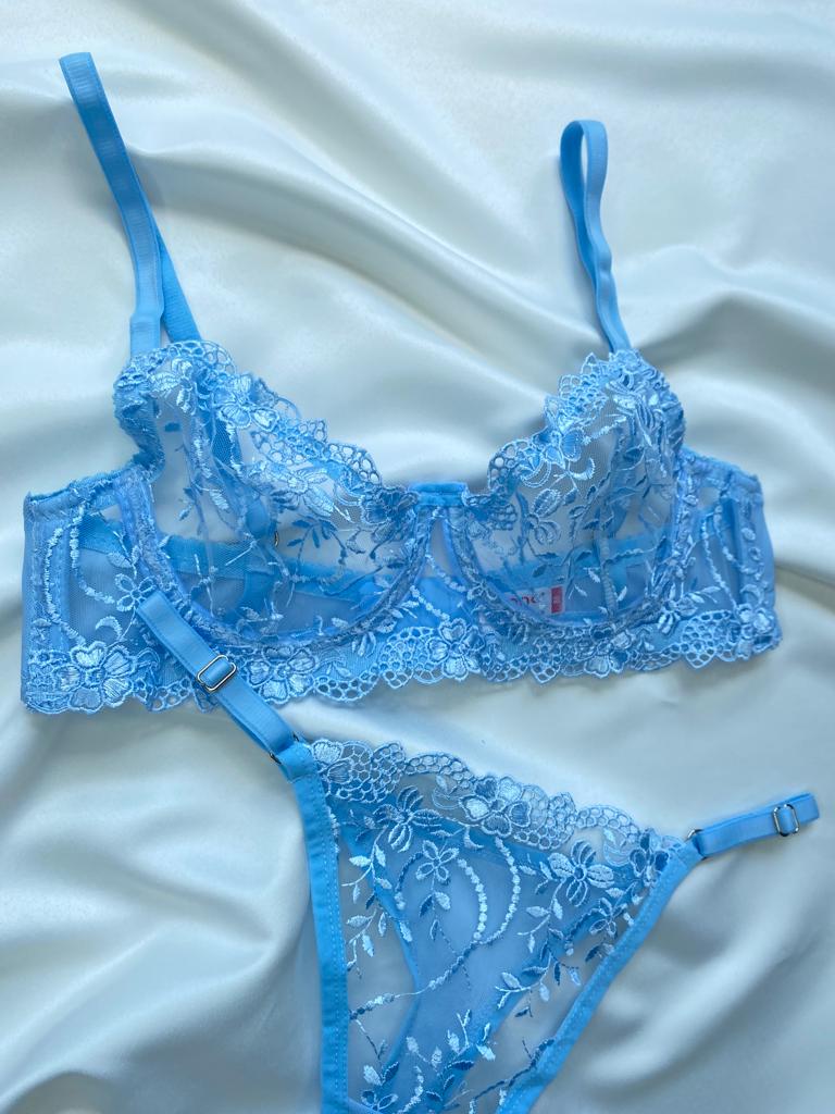 Mavi Dantel Bralet Tanga Takım