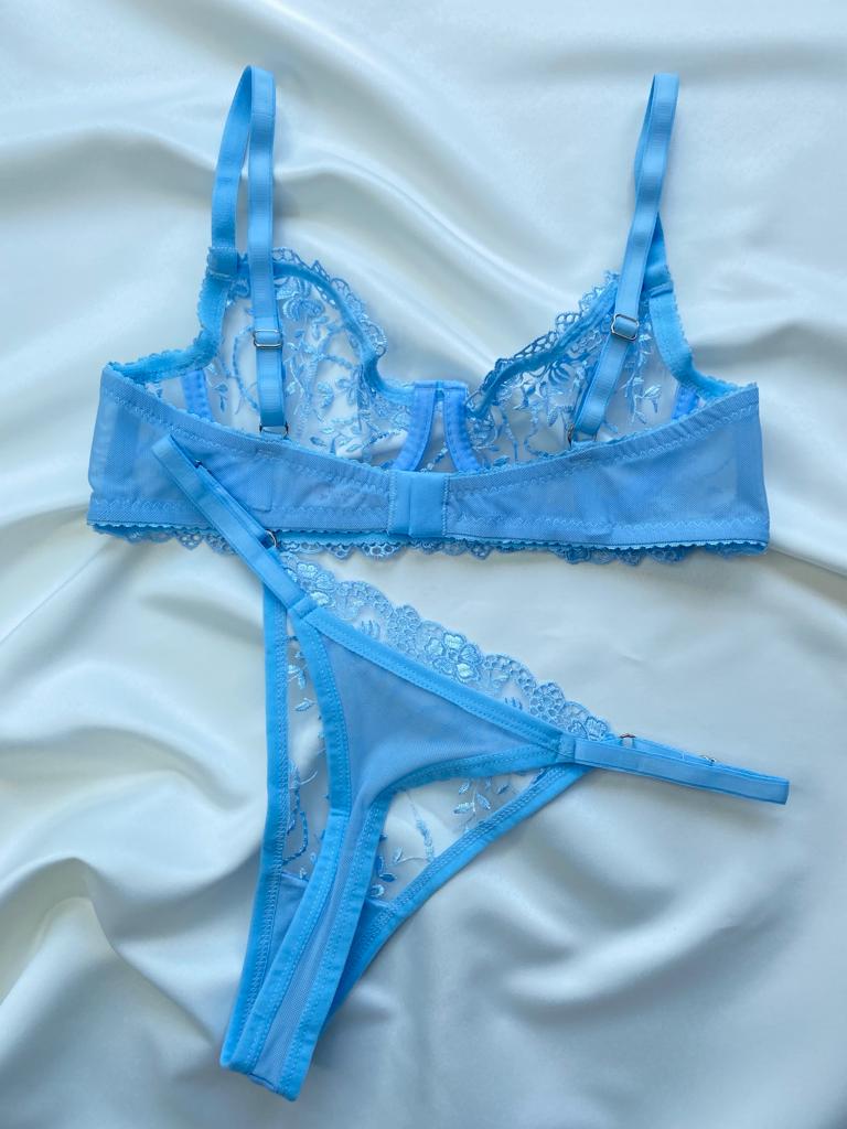 Mavi Dantel Bralet Tanga Takım