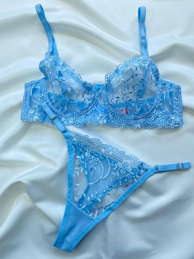 Mavi Dantel Bralet Tanga Takım