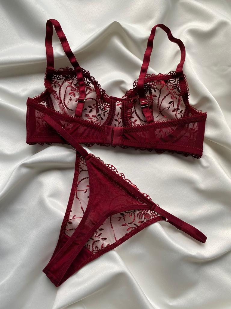Bordo Dantelli Bralet Tanga Takım