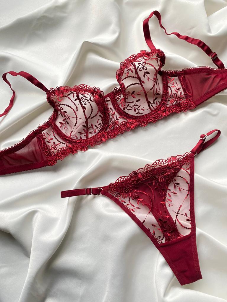 Bordo Dantelli Bralet Tanga Takım