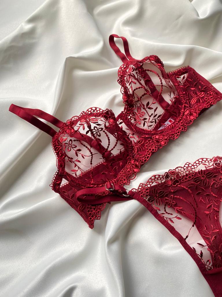 Bordo Dantelli Bralet Tanga Takım