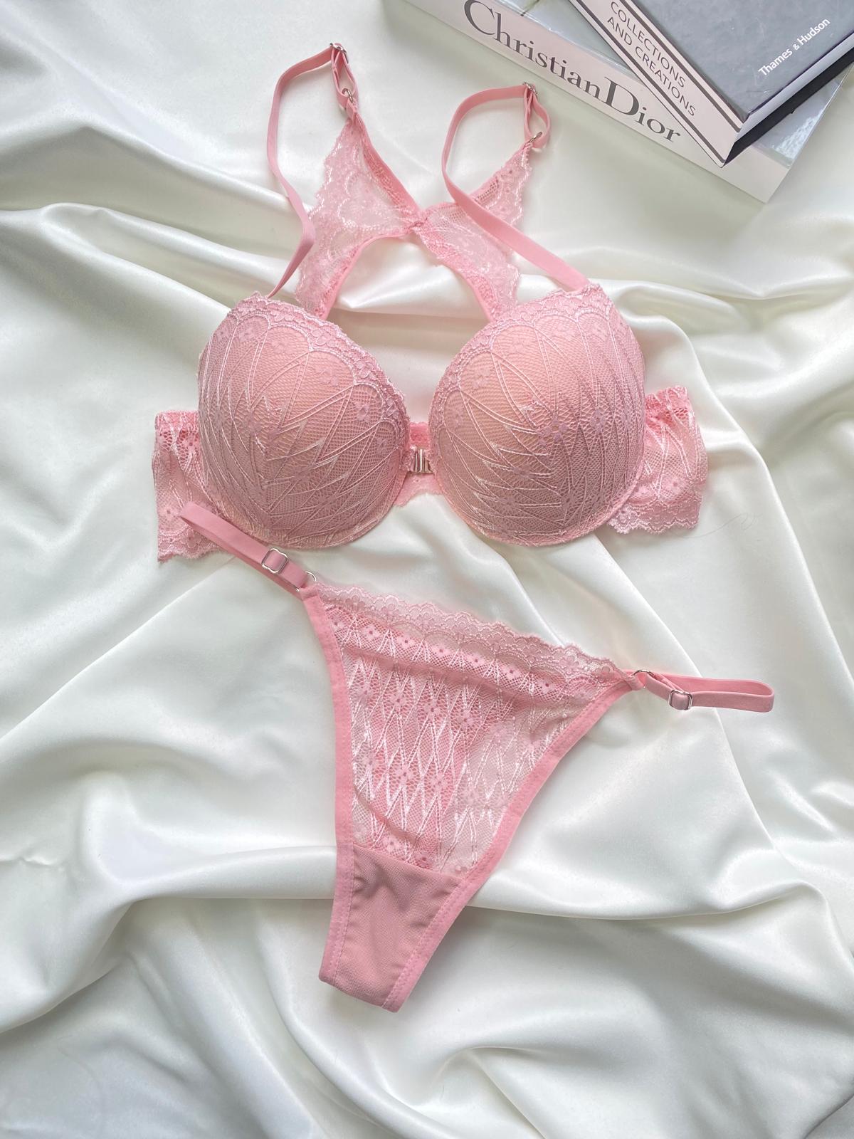 Pembe Önden Kapamalı Destekli Sütyen Tanga Takımı