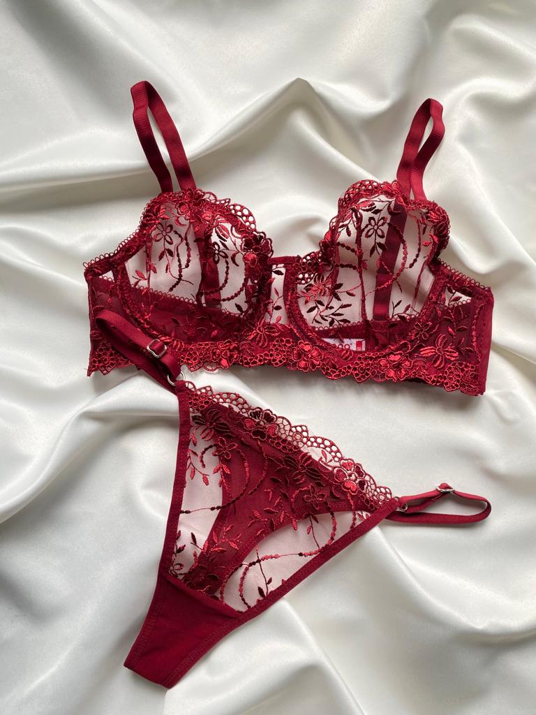 Bordo Dantelli Bralet Tanga Takım