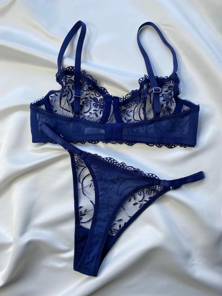 Lacivert Dantel Bralet Tanga Takım