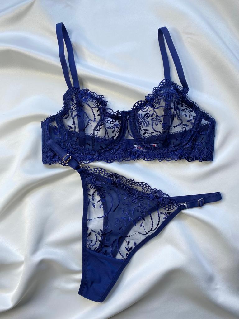 Lacivert Dantel Bralet Tanga Takım