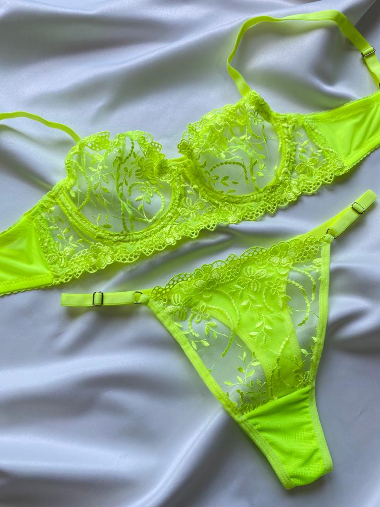 Neon Yeşil Dantel Bralet Tanga Takım