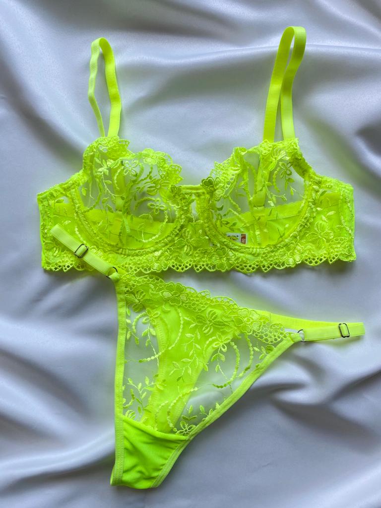Neon Yeşil Dantel Bralet Tanga Takım