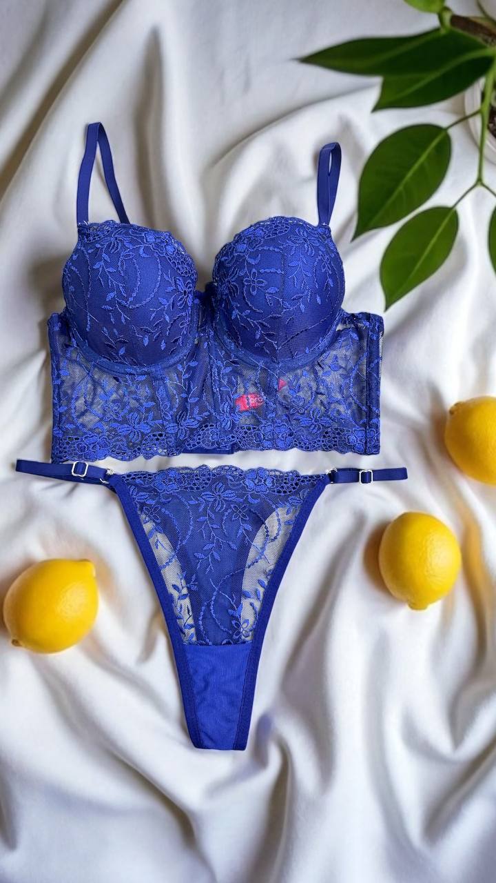 Lacivert Destekli Büstiyer Tanga Seti Dantelli Crop Top Straplez Dantel Korse Kadın